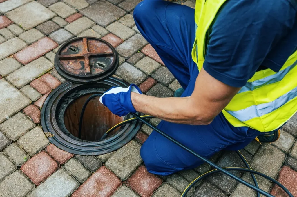 Person jetting drain cleaning high pressure blocked drains